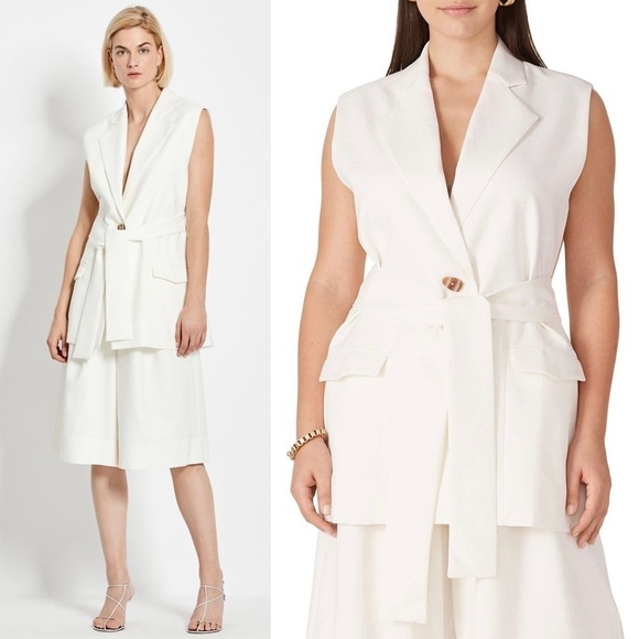 NICHOLAS Ivory Sleeveless Single Breasted Belted Tie Waist Tunic Jacket Vest 4 - Picture 6 of 15